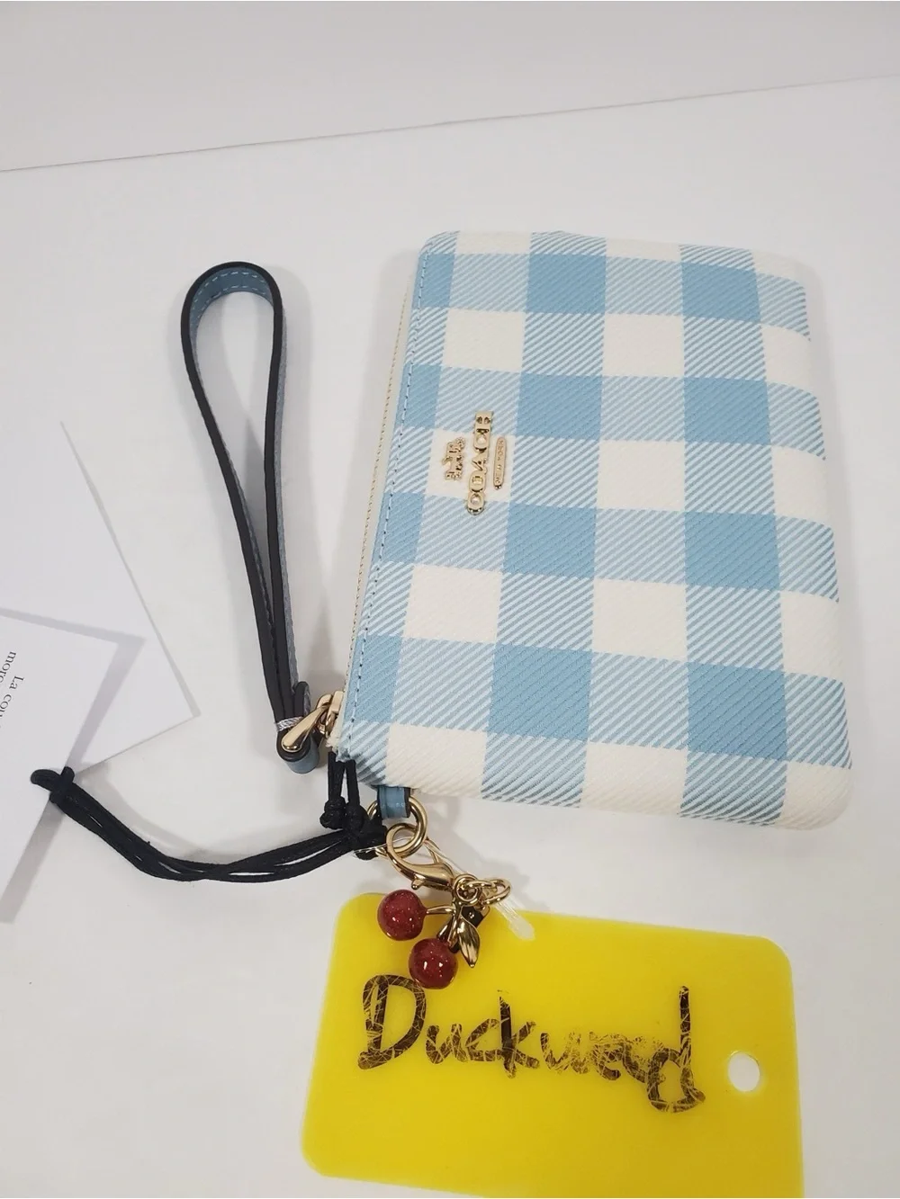 Coach Blue Gingham Wristlet Pouch with Cherry charm NWT